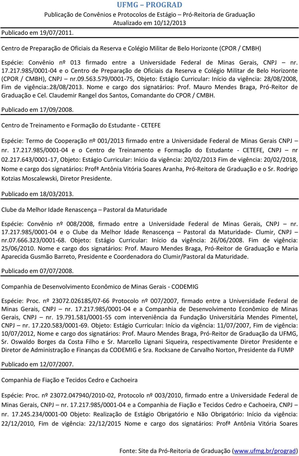 217.985/0001-04 e o Centro de Preparação de Oficiais da Reserva e Colégio Militar de Belo Horizonte (CPOR / CMBH), CNPJ nr.09.563.