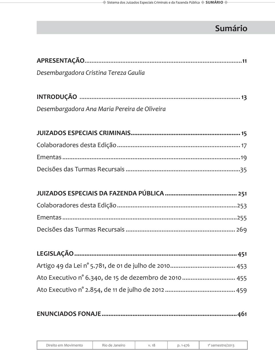 ..35 JUIZADOS ESPECIAIS DA FAZENDA PÚBLICA... 251 Colaboradores desta Edição...253 Ementas...255 Decisões das Turmas Recursais... 269 LEGISLAÇÃO... 451 Artigo 49 da Lei n 5.