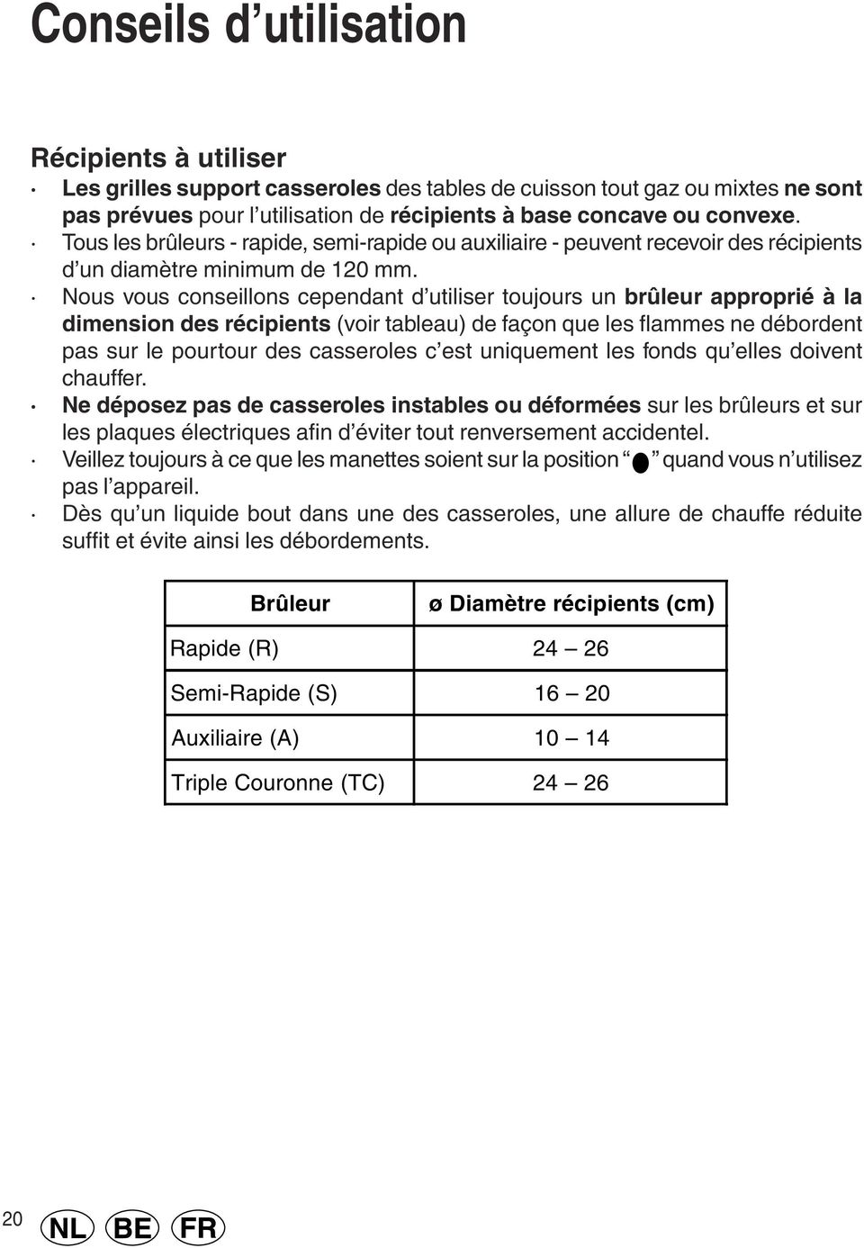 Nous vous conseillons cependant d utiliser toujours un brûleur approprié à la dimension des récipients (voir tableau) de façon que les flammes ne débordent pas sur le pourtour des casseroles c est