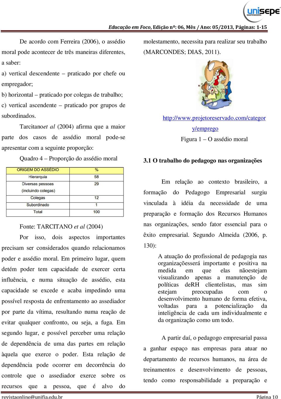 Tarcitanoet al (2004) afirma que a maior parte dos casos de assédio moral pode-se apresentar com a seguinte proporção: Quadro 4 Proporção do assédio moral molestamento, necessita para realizar seu