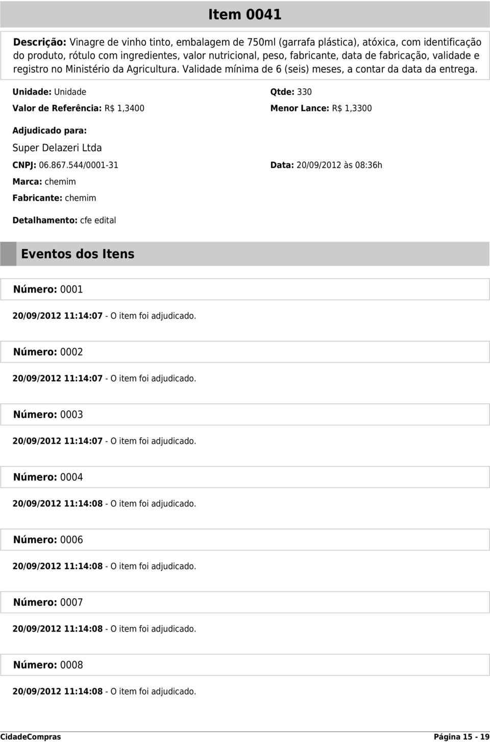 Unidade: Unidade Qtde: 330 Valor de Referência: R$ 1,3400 Menor Lance: R$ 1,3300 Marca: chemim Fabricante: chemim Eventos dos Itens Número: 0001 20/09/2012 11:14:07 - O item