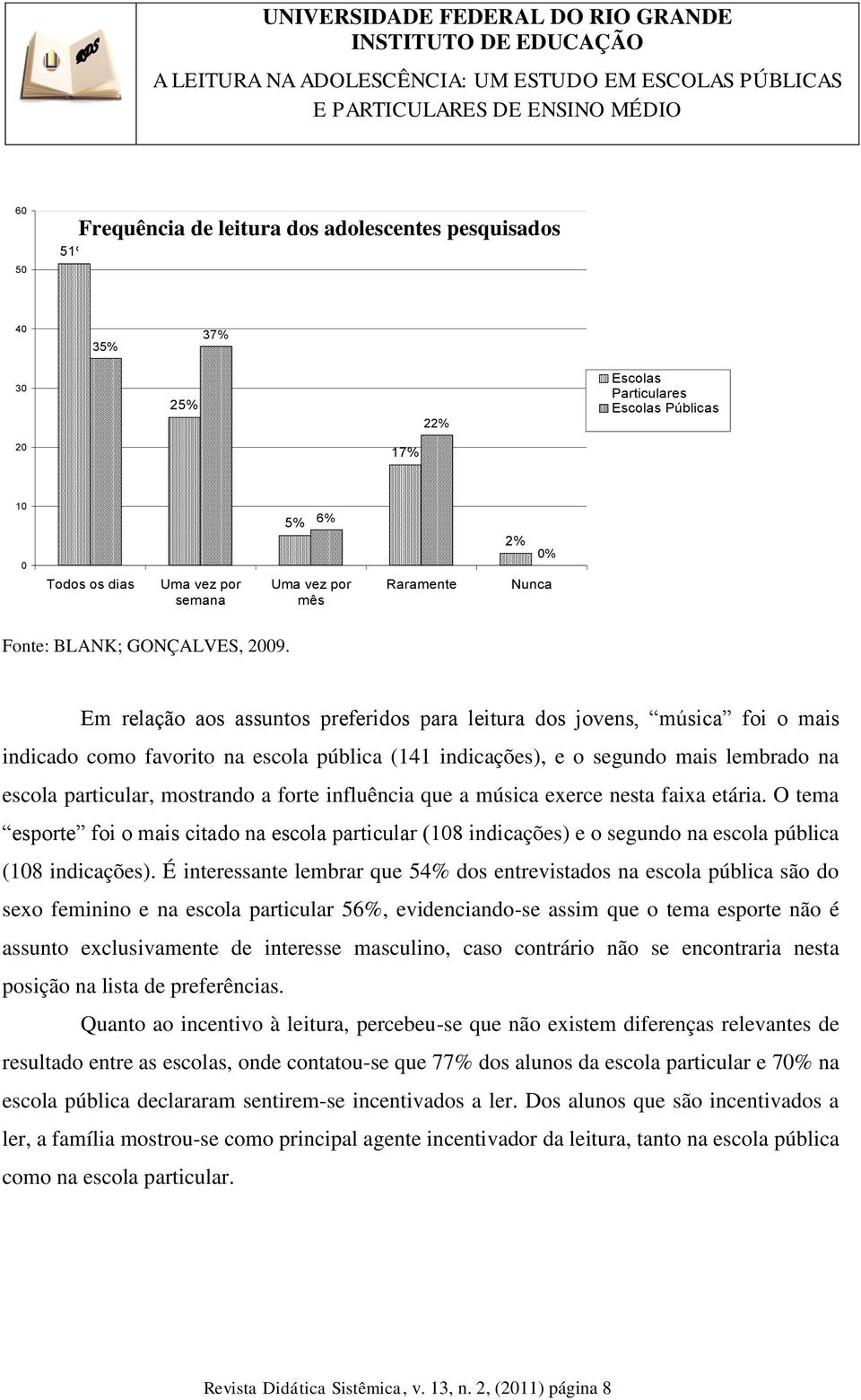 Em relação aos assuntos preferidos para leitura dos jovens, música foi o mais indicado como favorito na escola pública (141 indicações), e o segundo mais lembrado na escola particular, mostrando a