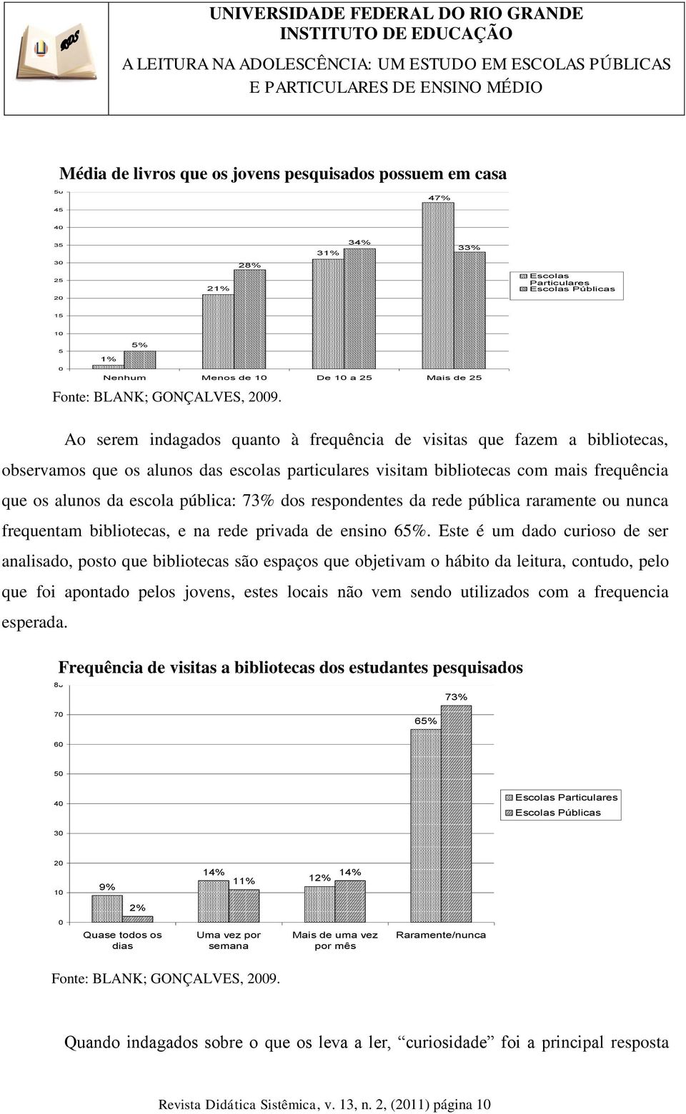 Ao serem indagados quanto à frequência de visitas que fazem a bibliotecas, observamos que os alunos das escolas particulares visitam bibliotecas com mais frequência que os alunos da escola pública: