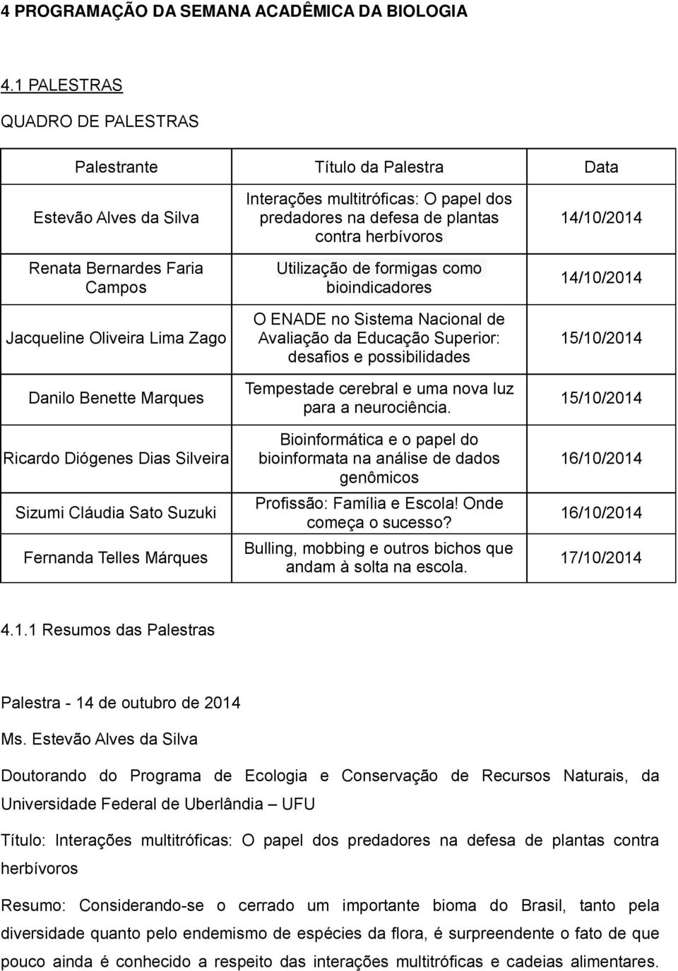 Silveira Sizumi Cláudia Sato Suzuki Fernanda Telles Márques Interações multitróficas: O papel dos predadores na defesa de plantas contra herbívoros Utilização de formigas como bioindicadores O ENADE