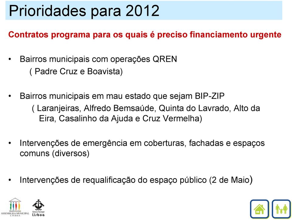 Alfredo Bemsaúde, Quinta do Lavrado, Alto da Eira, Casalinho da Ajuda e Cruz Vermelha) Intervenções de