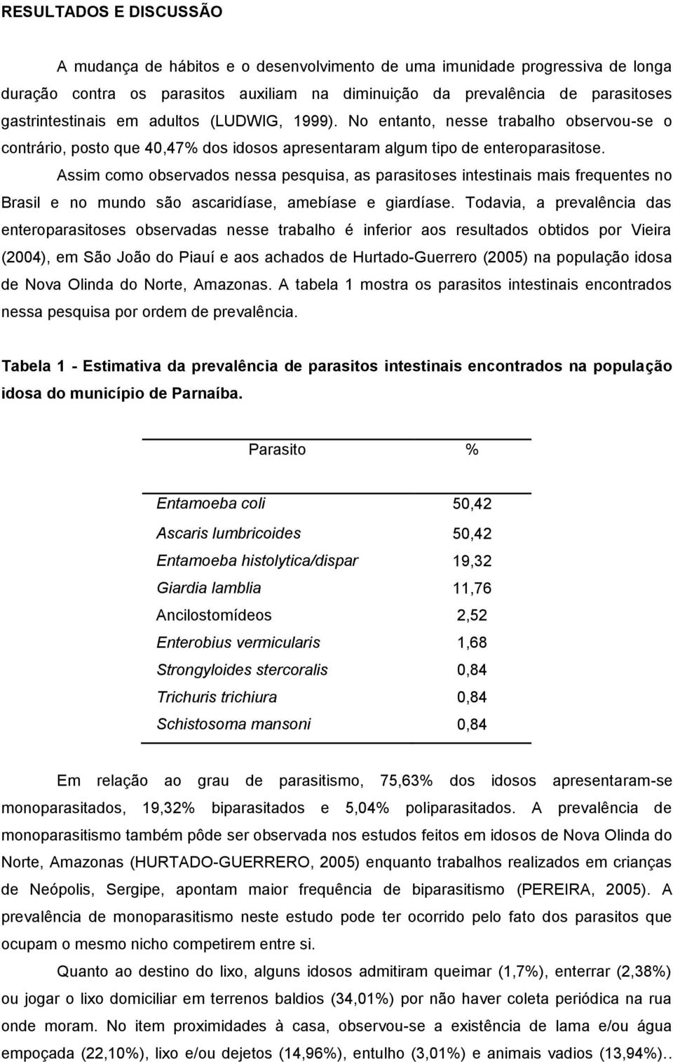 Assim como observados nessa pesquisa, as parasitoses intestinais mais frequentes no Brasil e no mundo são ascaridíase, amebíase e giardíase.