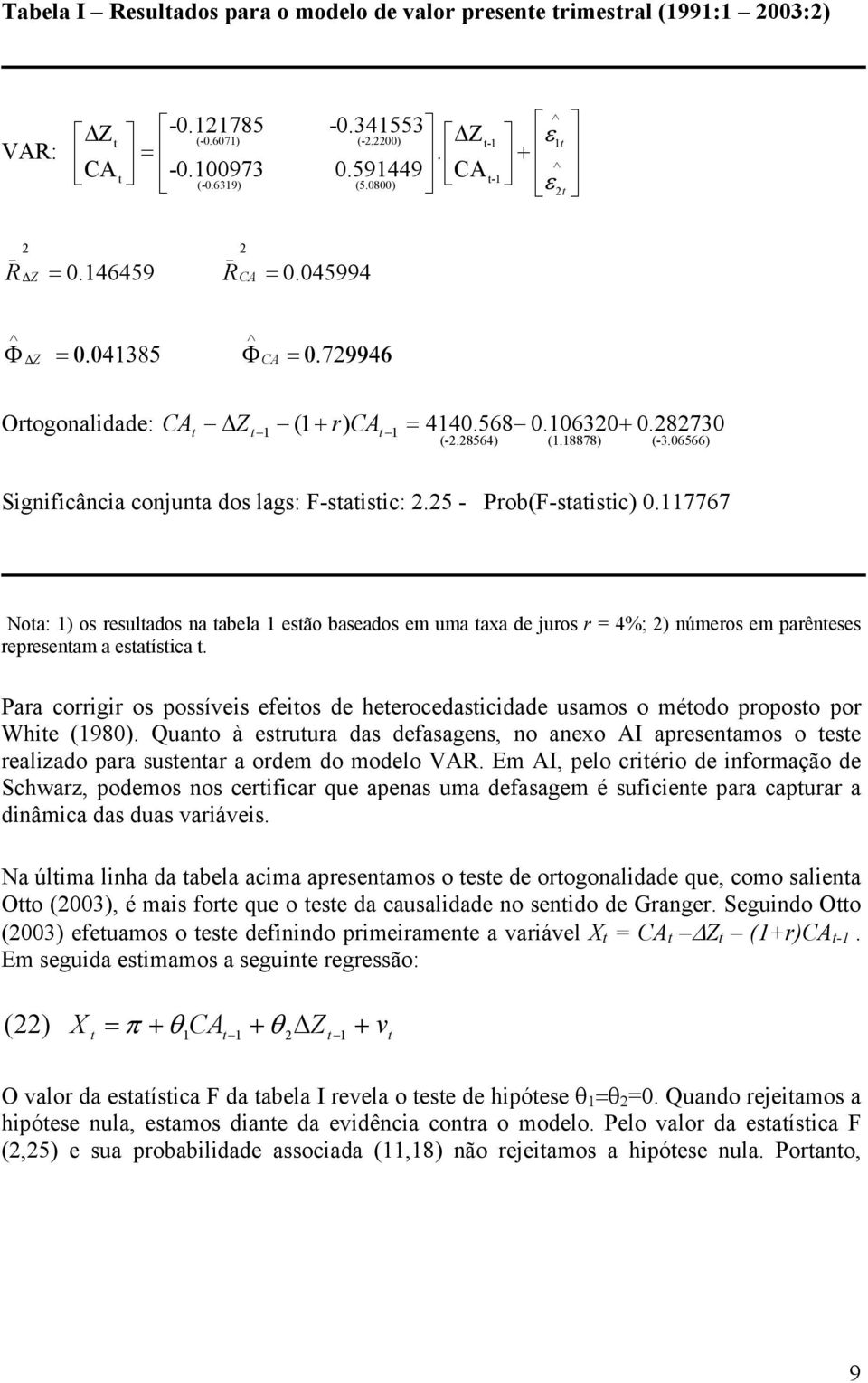 7767 Noa: ) o eulado na abela eão baeado em uma axa de juo = 4%; 2) númeo em paênee epeenam a eaíica. Paa coigi o poívei efeio de heeocedaicidade uamo o méodo popoo po Whie (980).