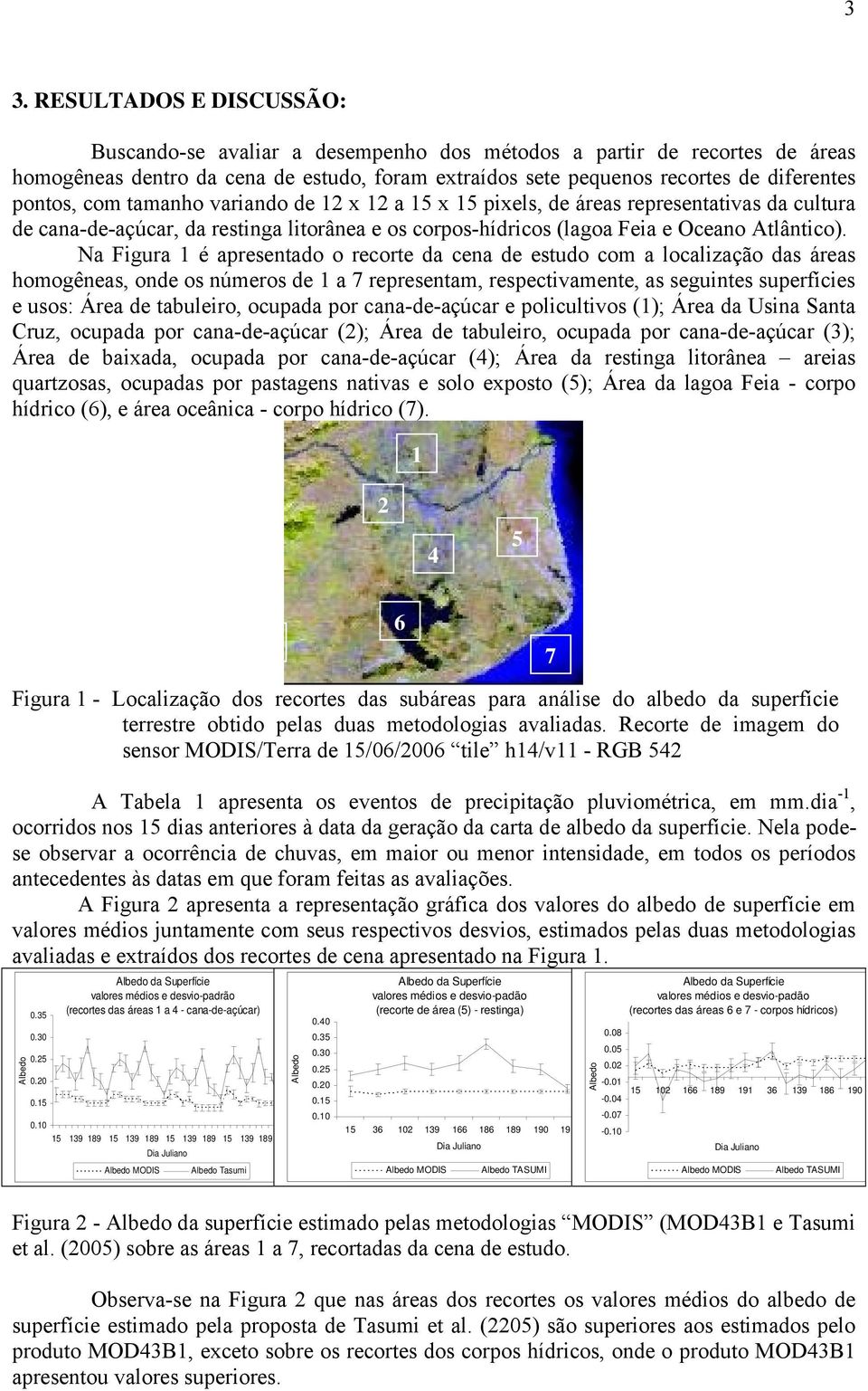 Na Figura 1 é apresentado o recorte da cena de estudo com a localização das áreas homogêneas, onde os números de 1 a 7 representam, respectivamente, as seguintes superfícies e usos: Área de