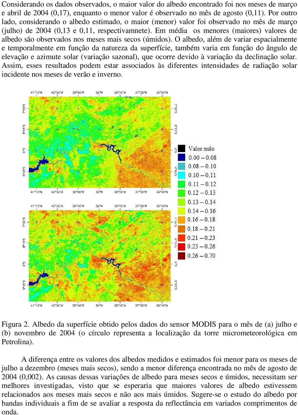 Em média os menores (maiores) valores de albedo são observados nos meses mais secos (úmidos).