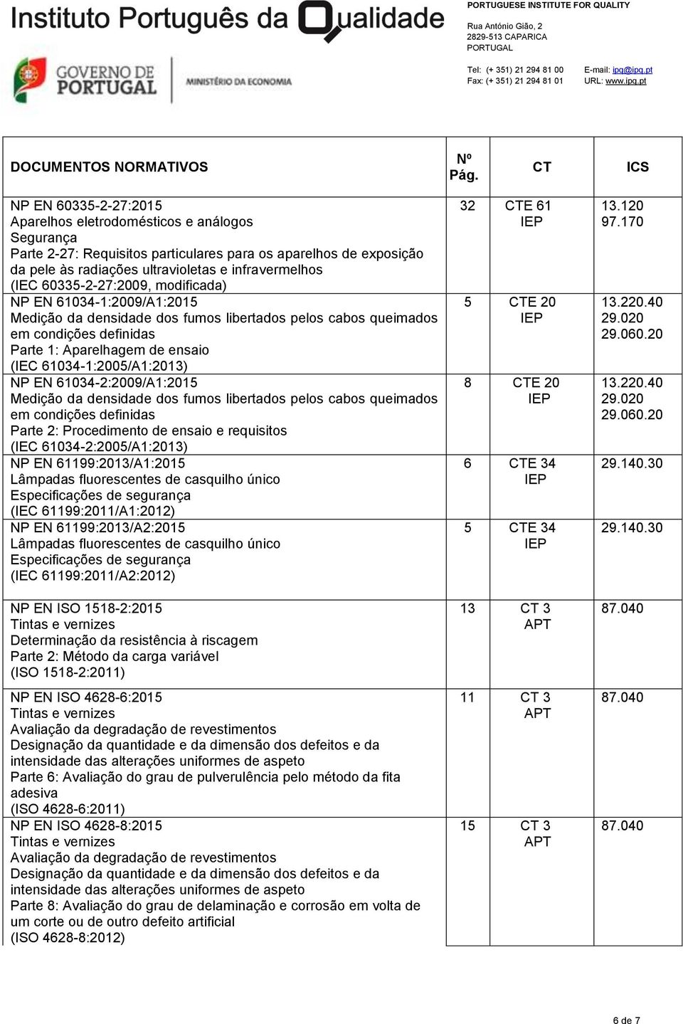 61034-1:2005/A1:2013) NP EN 61034-2:2009/A1:2015 Medição da densidade dos fumos libertados pelos cabos queimados em condições definidas Parte 2: Procedimento de ensaio e requisitos (IEC