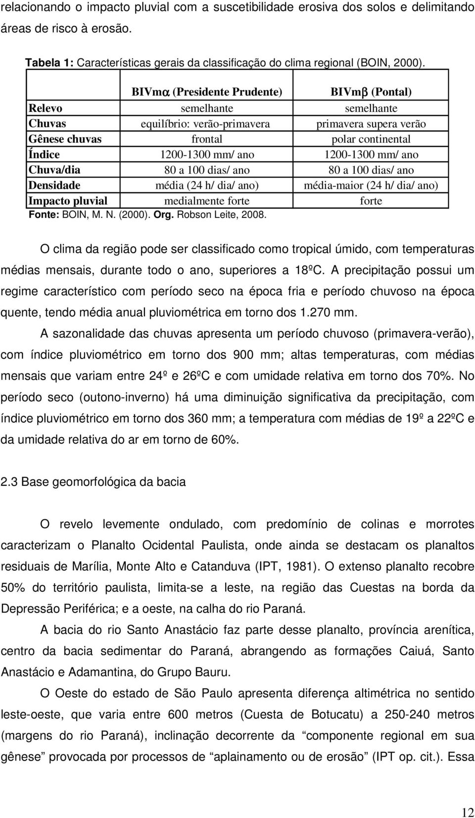 1200-1300 mm/ ano Chuva/dia 80 a 100 dias/ ano 80 a 100 dias/ ano Densidade média (24 h/ dia/ ano) média-maior (24 h/ dia/ ano) Impacto pluvial medialmente forte forte Fonte: BOIN, M. N. (2000). Org.