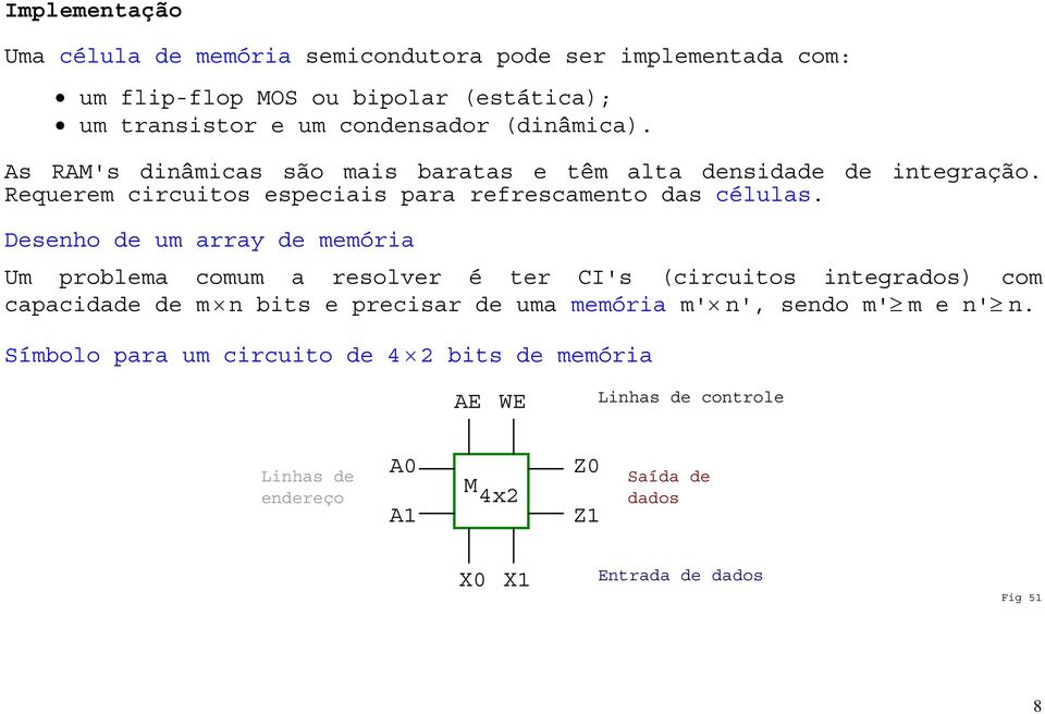 Desenho de um array de memória Um problema comum a resolver é ter CI's (circuitos integrados) com capacidade de m n bits e precisar de uma memória m' n',