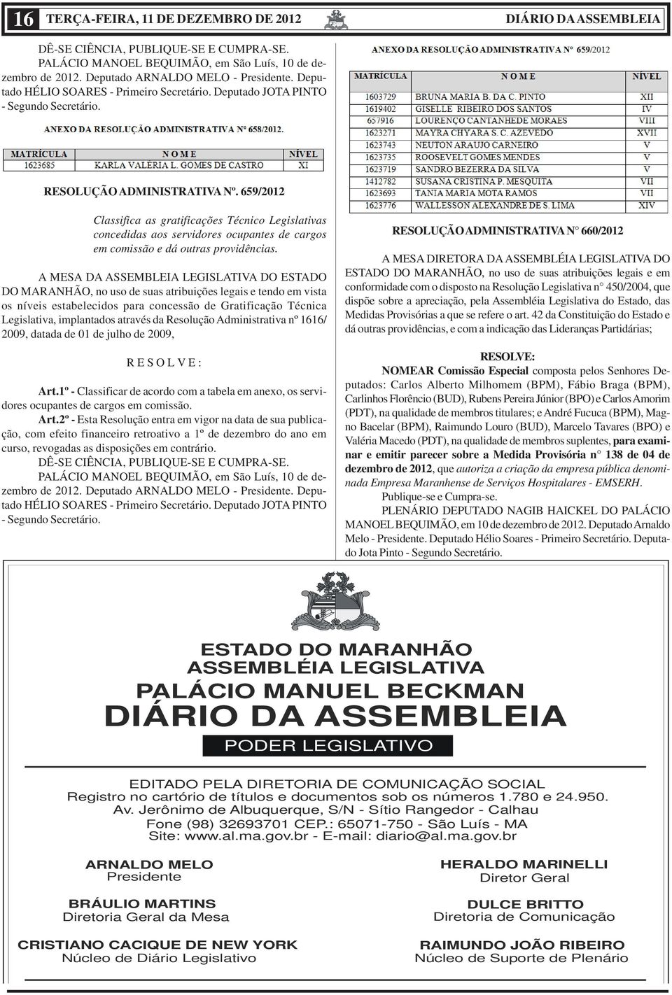 659/2012 Classifica as gratificações Técnico Legislativas concedidas aos servidores ocupantes de cargos em comissão e dá outras providências.