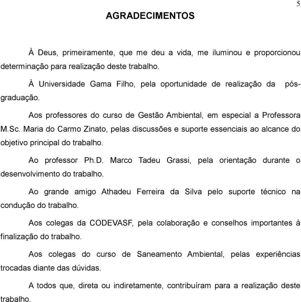 Maria do Carmo Zinato, pelas discussões e suporte essenciais ao alcance do objetivo principal do trabalho. Ao professor Ph.D. Marco Tadeu Grassi, pela orientação durante o desenvolvimento do trabalho.