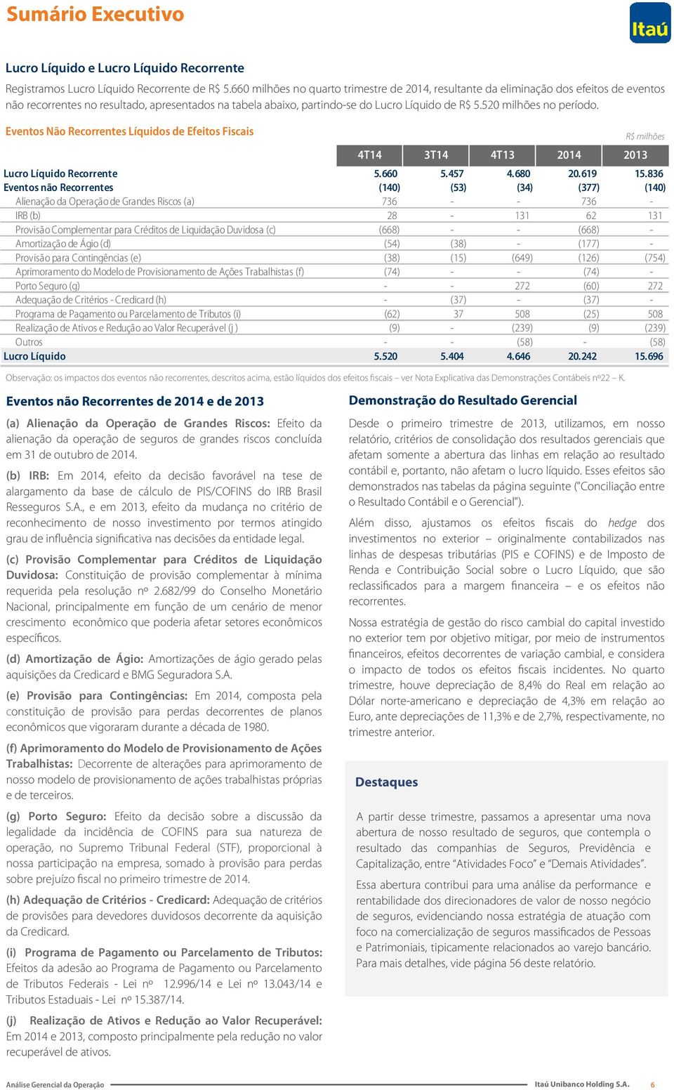 520 milhões no período. Eventos Não Recorrentes Líquidos de Efeitos Fiscais R$ milhões 4T14 3T14 4T13 2014 2013 Lucro Líquido Recorrente 5.660 5.457 4.680 20.619 15.