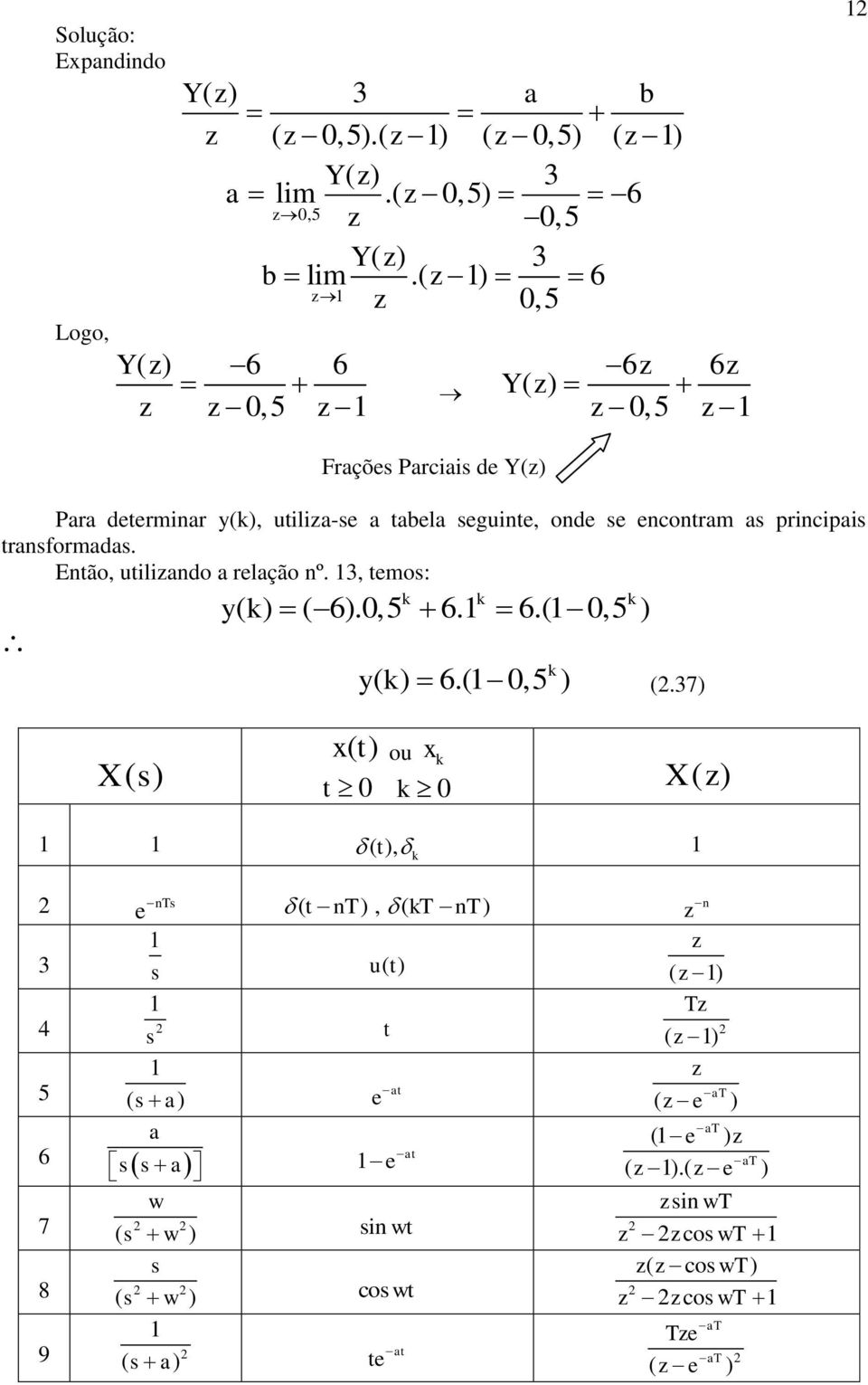 Então, utiliando a rlação nº. 3, tmos: k k k yk ( ) ( 6).0,5 6. 6.( 0,5 ) k yk ( ) 6.( 0,5 ) (.