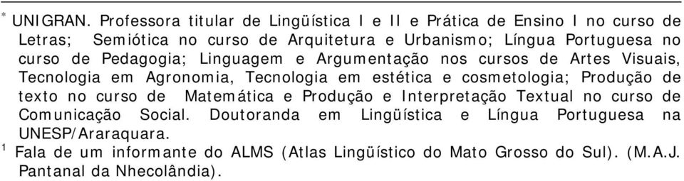 Portuguesa no curso de Pedagogia; Linguagem e Argumentação nos cursos de Artes Visuais, Tecnologia em Agronomia, Tecnologia em estética e