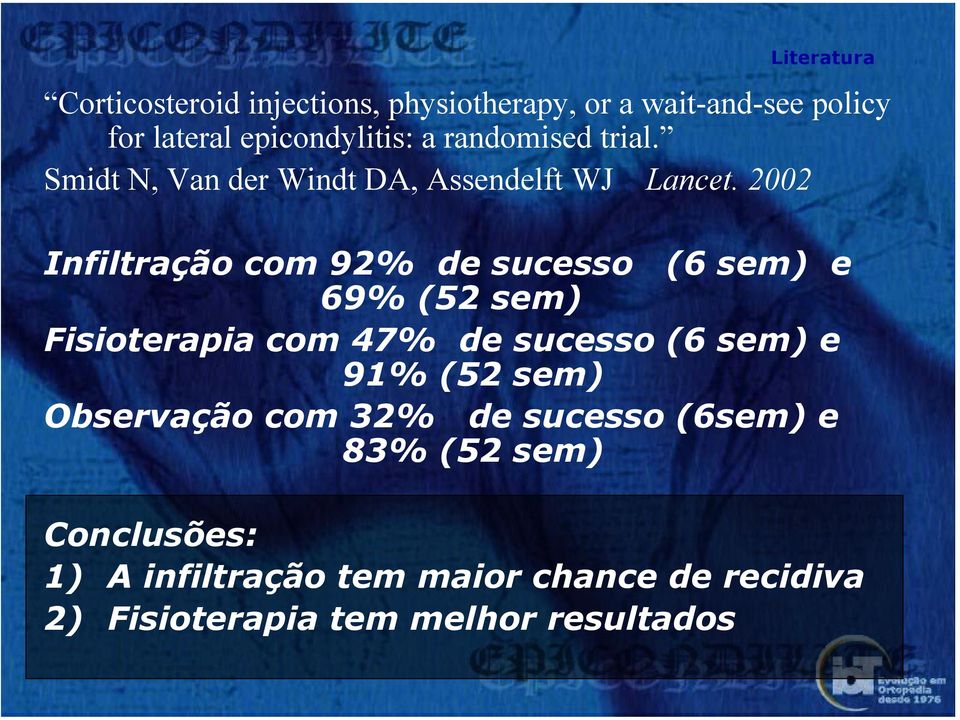 2002 Infiltração com 92% de sucesso (6 sem) e 69% (52 sem) Fisioterapia com 47% de sucesso (6 sem) e 91% (52