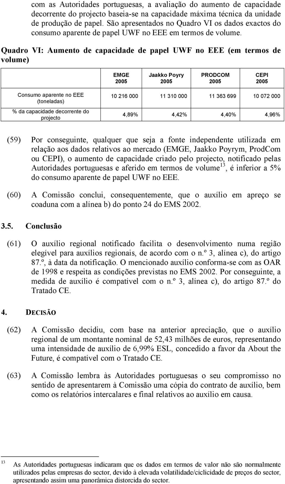 Quadro VI: Aumento de capacidade de papel UWF no EEE (em termos de volume) EMGE 2005 Jaakko Poyry 2005 PRODCOM 2005 CEPI 2005 Consumo aparente no EEE (toneladas) % da capacidade decorrente do