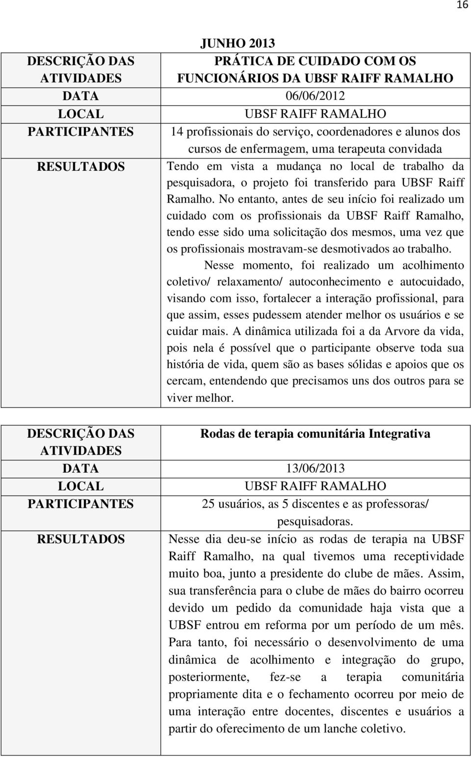 No entanto, antes de seu início foi realizado um cuidado com os profissionais da UBSF Raiff Ramalho, tendo esse sido uma solicitação dos mesmos, uma vez que os profissionais mostravam-se desmotivados