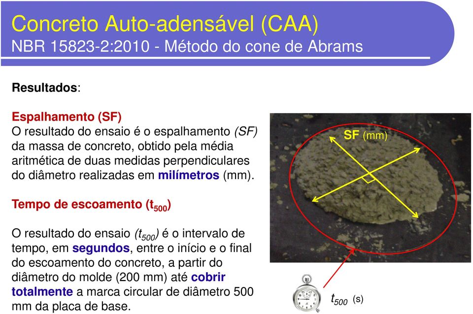 SF (mm) Tempo de escoamento (t 500 ) O resultado do ensaio (t 500 ) éointervalode tempo, em segundos, entre o início e o final do