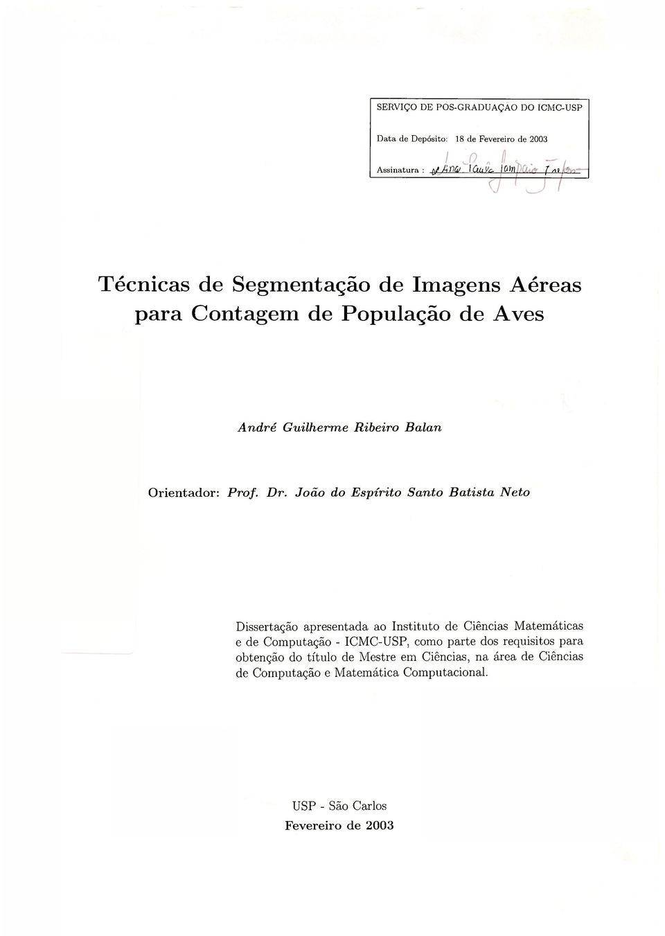 Dr. João do Espírito Santo Batista Neto Dissertação apresentada ao Instituto de Ciências Matemáticas e de Computação - ICMC-USP, como