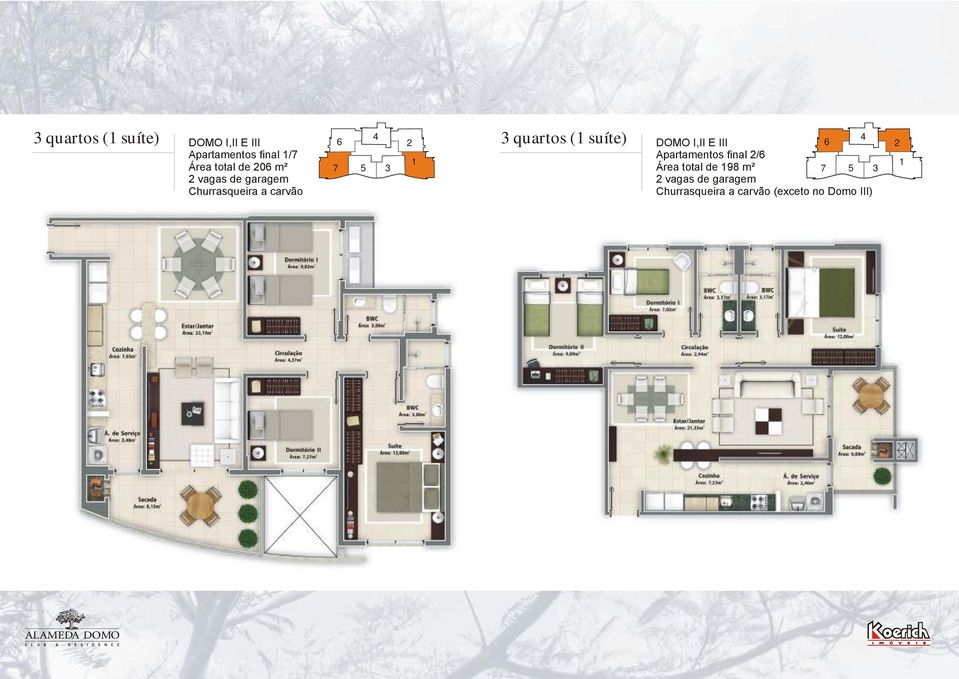 (1 suíte) DOMO I,II E III Apartamentos final 2/6 Área total de 198 m² 2