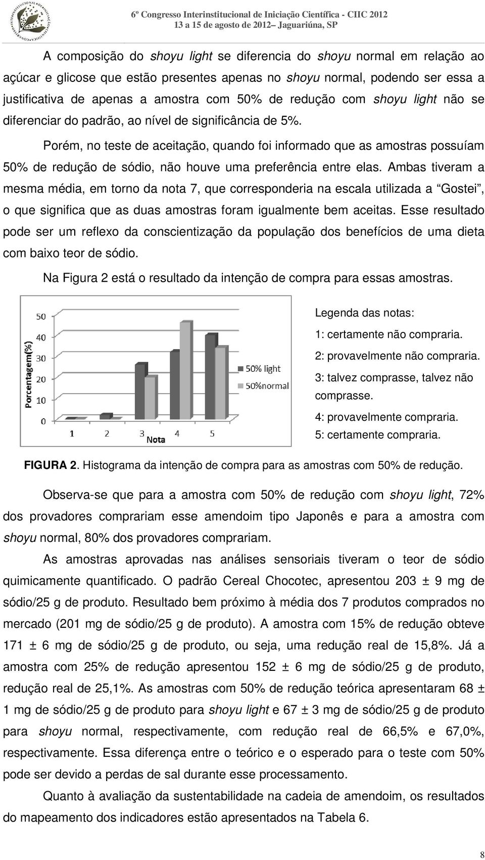 Porém, no teste de aceitação, quando foi informado que as amostras possuíam 50% de redução de sódio, não houve uma preferência entre elas.