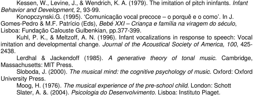 Infant vocalizations in response to speech: Vocal imitation and developmental change. Journal of the Acoustical Society of America, 100, 425-2438. Lerdhal & Jackendoff (1985).