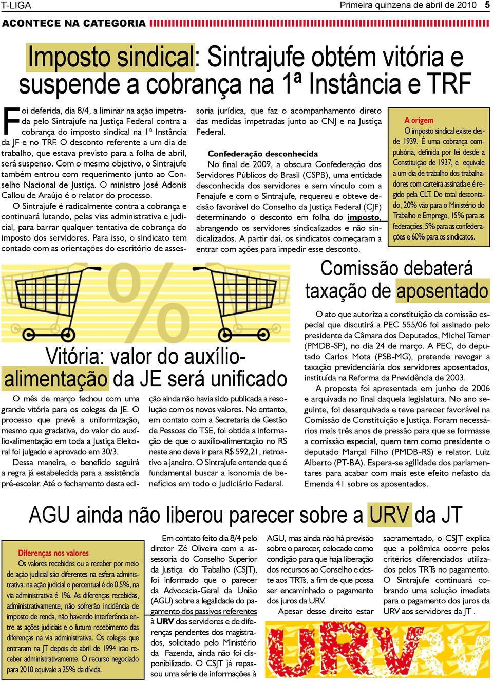 da Justiça do Trabalho (CSJT), foi informado que o parecer da Advocacia-Geral da União (AGU) sobre a legalidade do pagamento dos passivos referentes à URV dos servidores e de diferenças pendentes dos