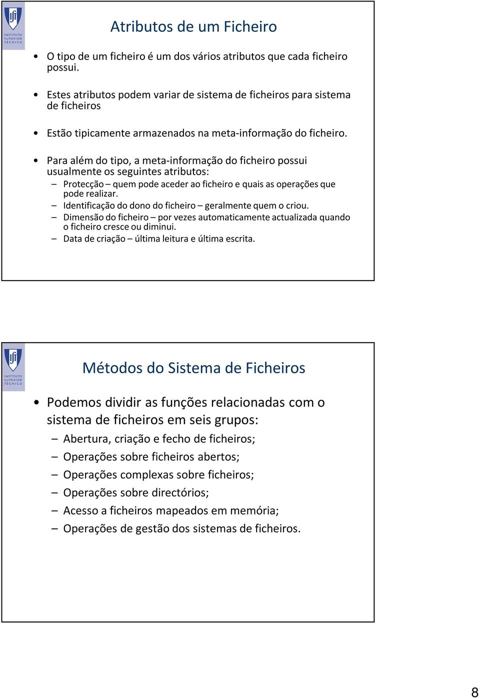 Para além do tipo, a meta-informação do ficheiro possui usualmente os seguintes atributos: Protecção quem pode aceder ao ficheiro e quais as operações que pode realizar.