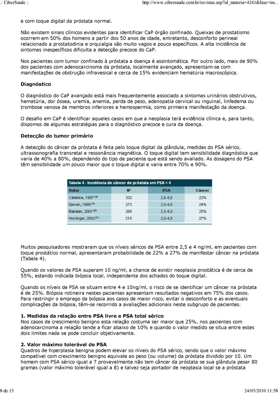 A alta incidência de sintomas inespecíficos dificulta a detecção precoce do CaP. Nos pacientes com tumor confinado à próstata a doença é assintomática.