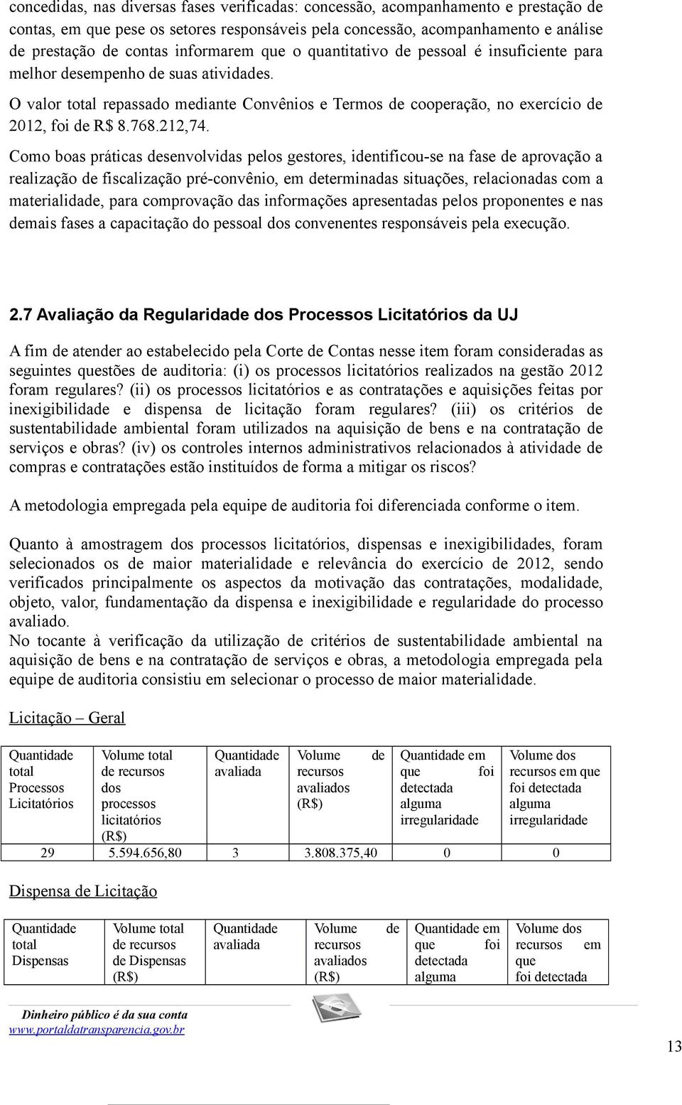 O valor total repassado mediante Convênios e Termos de cooperação, no exercício de 2012, foi de R$ 8.768.212,74.