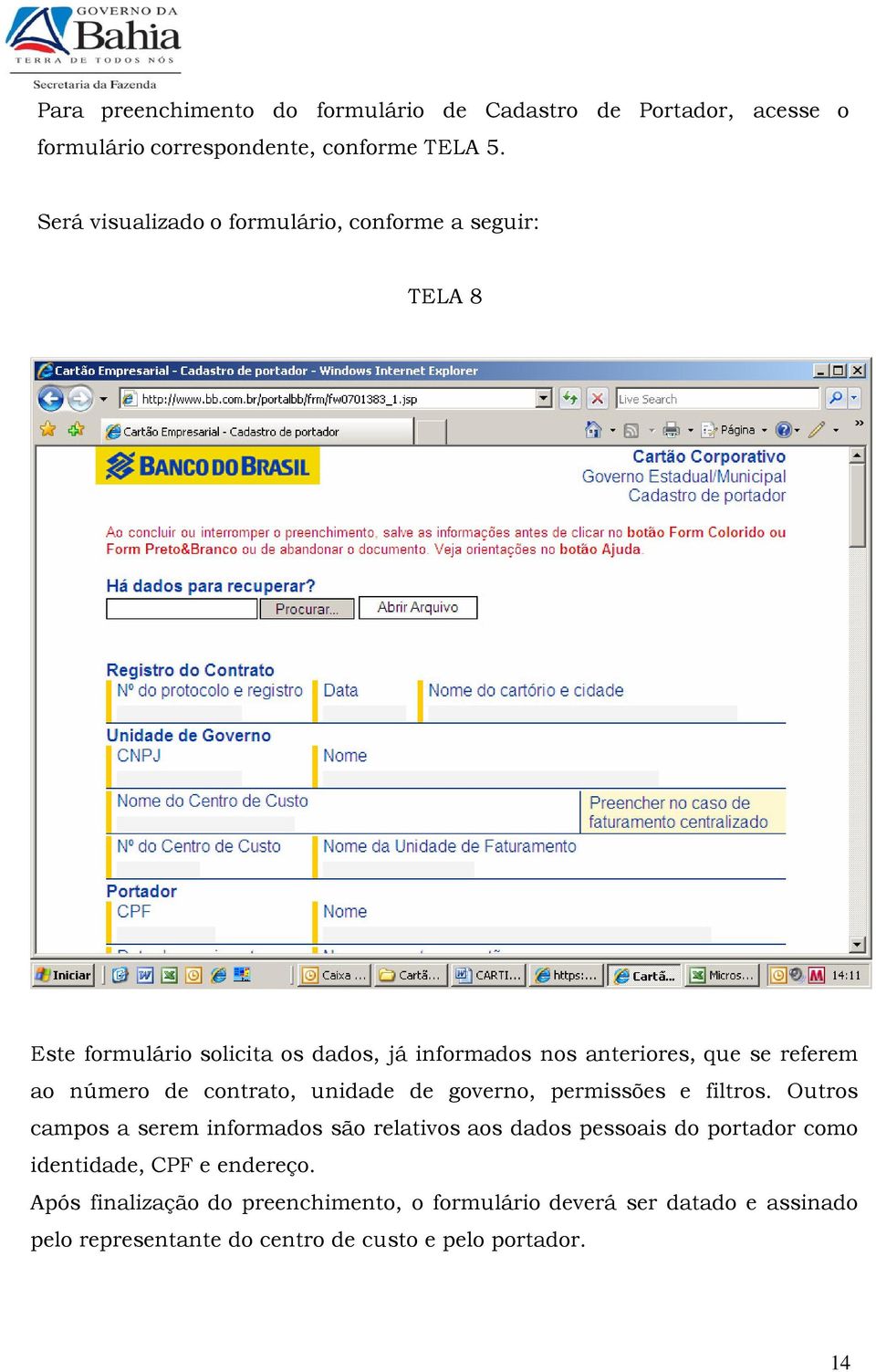 número de contrato, unidade de governo, permissões e filtros.