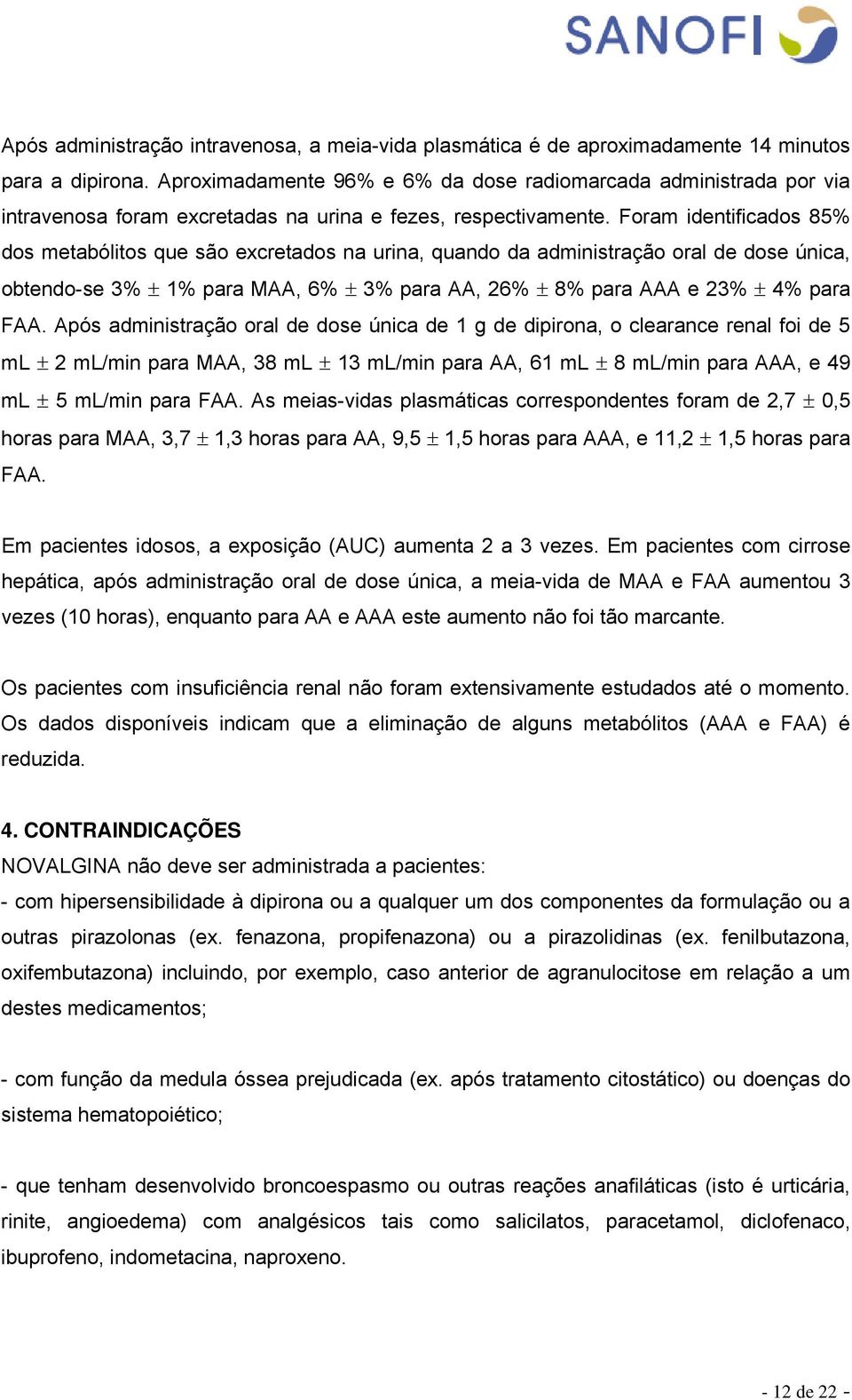 Foram identificados 85% dos metabólitos que são excretados na urina, quando da administração oral de dose única, obtendo-se 3% 1% para MAA, 6% 3% para AA, 26% 8% para AAA e 23% 4% para FAA.