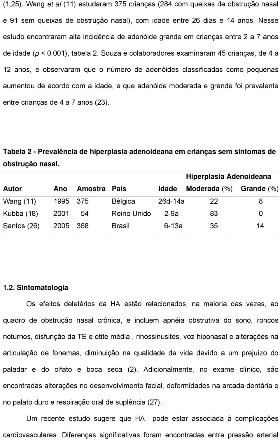 Souza e colaboradores examinaram 45 crianças, de 4 a 12 anos, e observaram que o número de adenóides classificadas como pequenas aumentou de acordo com a idade, e que adenóide moderada e grande foi