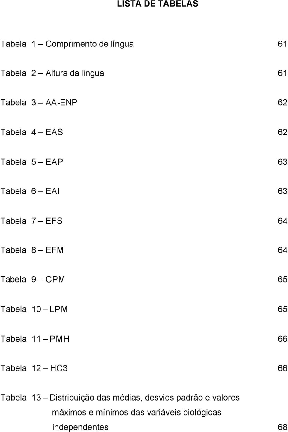 Tabela 9 CPM 65 Tabela 10 LPM 65 Tabela 11 PMH 66 Tabela 12 HC3 66 Tabela 13 Distribuição