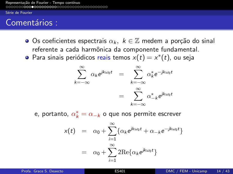 Para sinais periódicos reais temos x(t) = x (t), ou seja α k e jkω0t = α ke jkω0t k= = k= k= α k ejkω0t e,