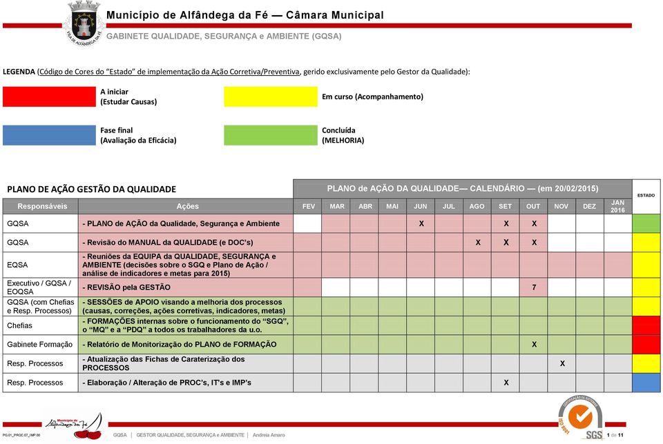 CALENDÁRIO (em 20/02/2015) Responsáveis Ações FEV MAR ABR MAI JUN JUL AGO SET OUT NOV DEZ GQSA - PLANO de AÇÃO da Qualidade, Segurança e X X X GQSA - Revisão do MANUAL da QUALIDADE (e DOC s) X X X