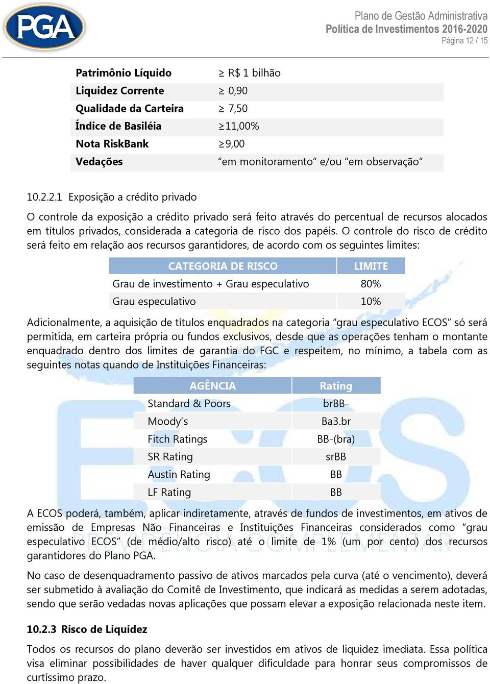 2.1 Exposição a crédito privado O controle da exposição a crédito privado será feito através do percentual de recursos alocados em títulos privados, considerada a categoria de risco dos papéis.