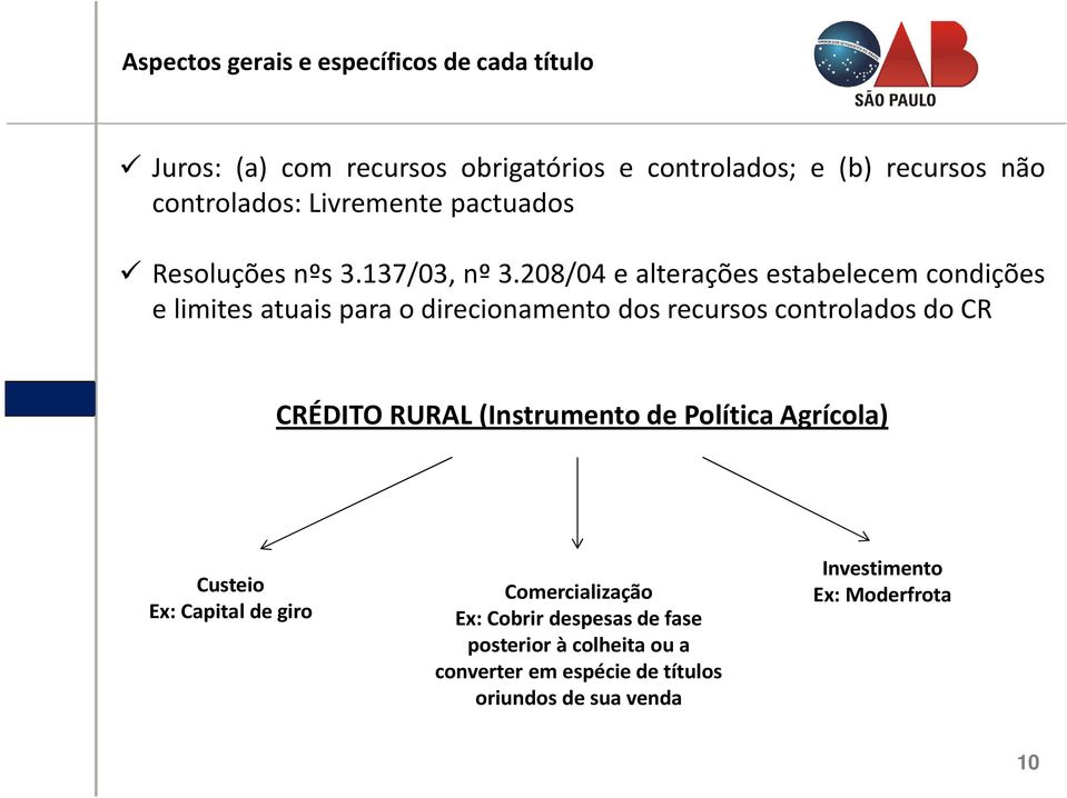 208/04 e alterações estabelecem condições e limites atuais para o direcionamento dos recursos controlados do CR CRÉDITO RURAL