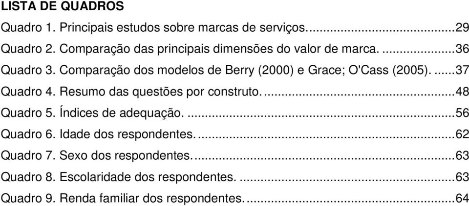 Comparação dos modelos de Berry (2000) e Grace; O'Cass (2005)....37 Quadro 4. Resumo das questões por construto.