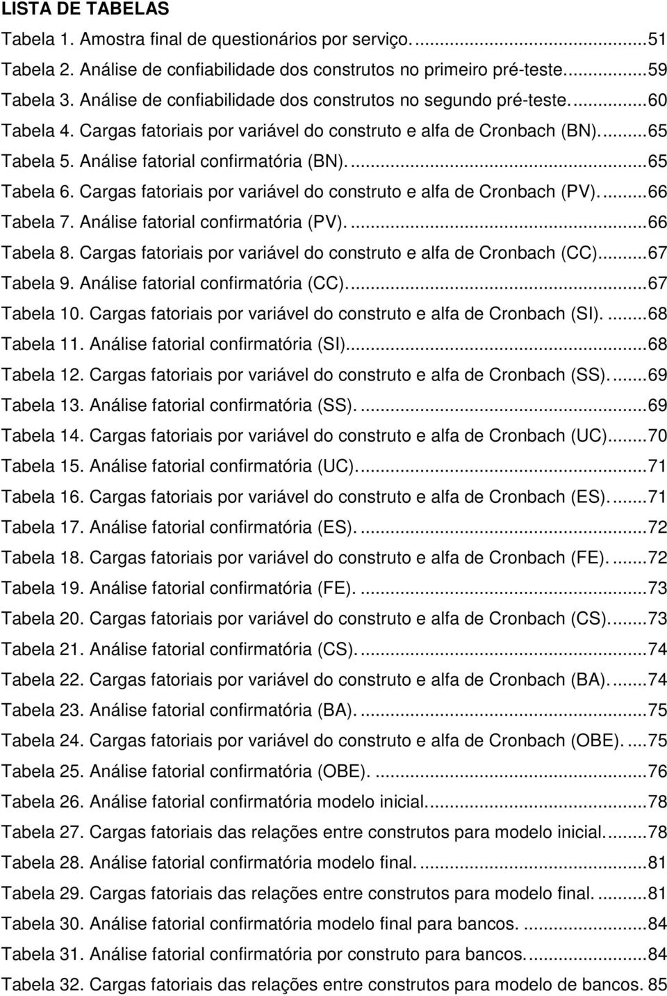 ..65 Tabela 6. Cargas fatoriais por variável do construto e alfa de Cronbach (PV)...66 Tabela 7. Análise fatorial confirmatória (PV)....66 Tabela 8.