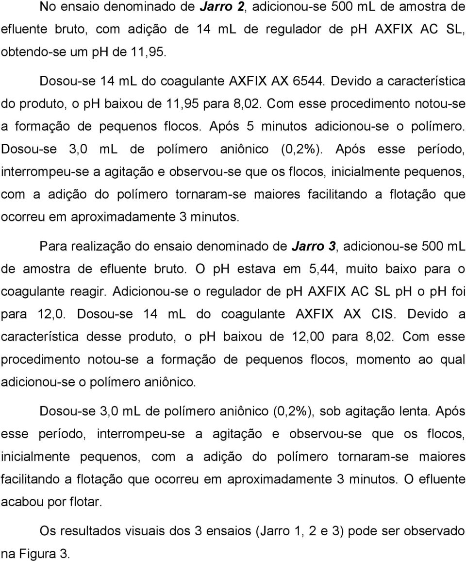 Após 5 minutos adicionou-se o polímero. Dosou-se 3,0 ml de polímero aniônico (0,2%).