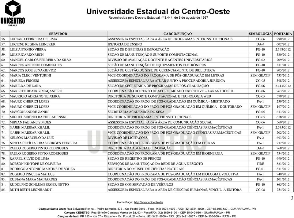 MANOEL CARLOS FERREIRA DA SILVA DIVISÃO DE AVALIAÇÃO DOCENTE E AGENTES UNIVERSITÁRIOS FG-02 709/2012 61. MARCOS ANTONIO DOMINGUES SEÇÃO DE MANUTENÇÃO DE EQUIPAMENTOS ELETRÔNICOS FG-10 811/2012 62.