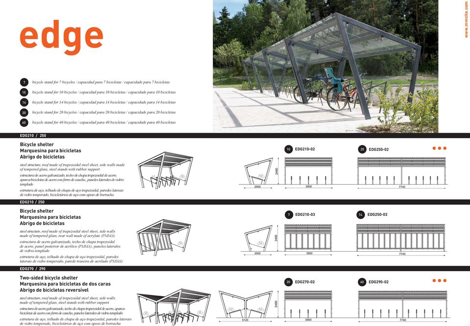 capacidad para bicicletas / capacidade para bicicletas EDG210 / 250 steel structure, roof made of trapezoidal steel sheet, side walls made of tempered glass, steel stands with rubber support