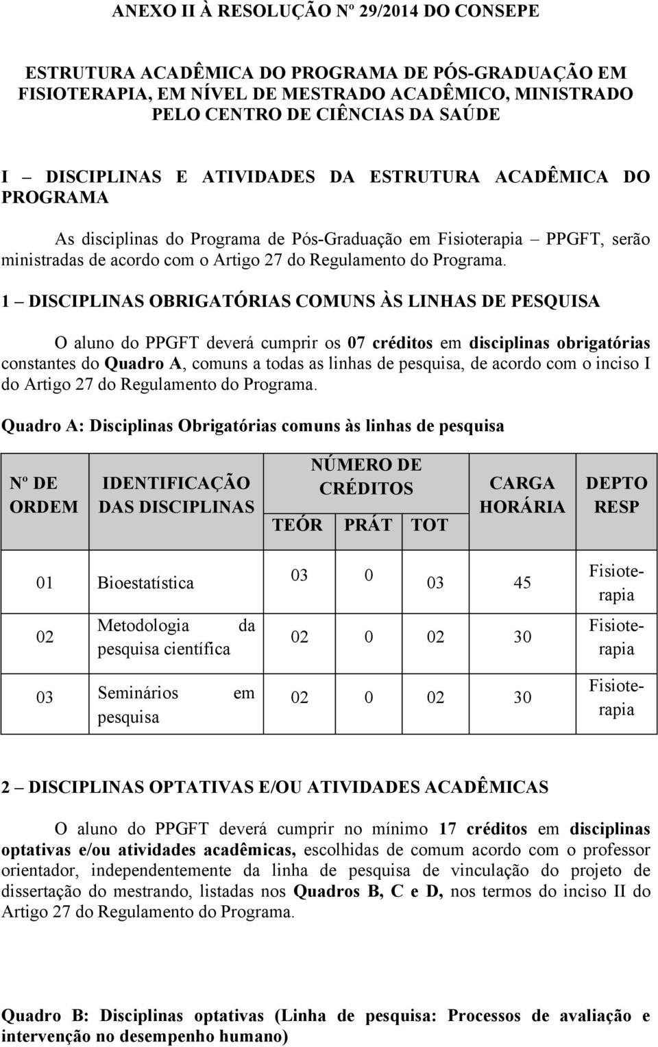 1 DISCIPLINAS OBRIGATÓRIAS COMUNS ÀS LINHAS DE PESQUISA O aluno do PPGFT deverá cumprir os 07 créditos em disciplinas obrigatórias constantes do Quadro A, comuns a todas as linhas de pesquisa, de