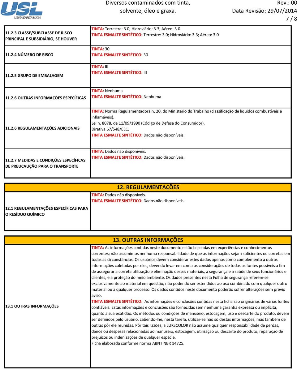 6 OUTRAS INFORMAÇÕES ESPECÍFICAS Nenhuma TINTA ESMALTE SINTÉTICO: Nenhuma 11.2.6 REGULAMENTAÇÕES ADICIONAIS Norma Regulamentadora n.