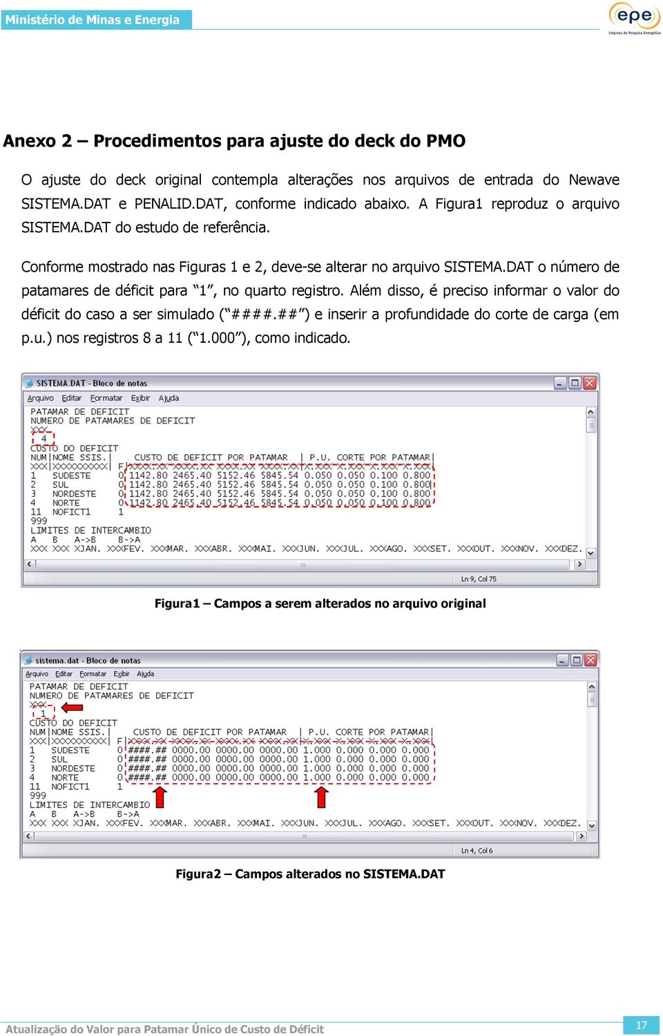 Conforme mostrado nas Figuras 1 e 2, deve-se alterar no arquivo SISTEMA.DAT o número de patamares de déficit para 1, no quarto registro.