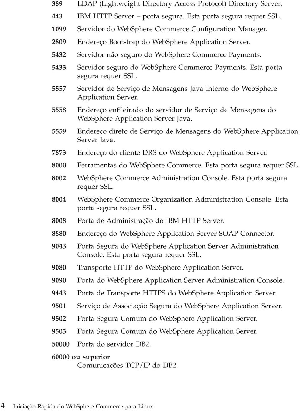 5557 Seridor de Seriço de Mensagens Jaa Interno do WebSphere Application Serer. 5558 Endereço enfileirado do seridor de Seriço de Mensagens do WebSphere Application Serer Jaa.